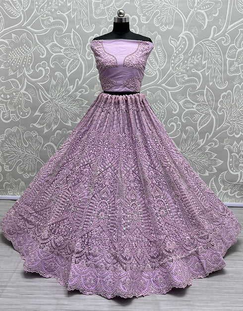 Heavy Designer Wedding Wear Bride Lehenga Choli Purple Net Lehenga Choli Close-up View